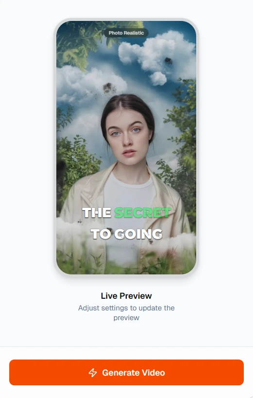 ShortsVid interface showing the Generate Video button at the bottom right and the live preview panel on the right side displaying a photo realistic faceless short with captions overlaid
