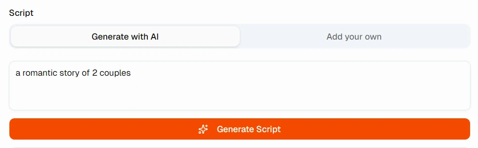 ShortsVid script section showing the Generate with AI tab selected alongside an Add your own tab, with a description text area and a Generate Script button in orange