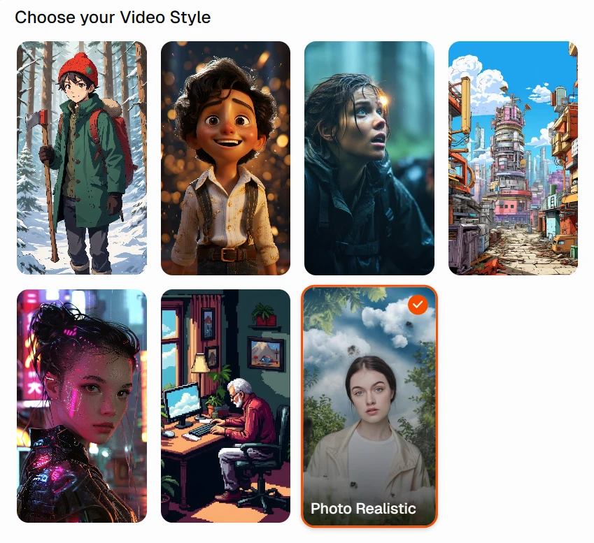 ShortsVid video style selection grid displaying six visual style options including Anime, Pixar-style 3D character, Cinematic Dark, Cyberpunk City, Cyberpunk Character, Vintage Pixel Art, and the currently selected Photo Realistic style with a checkmark