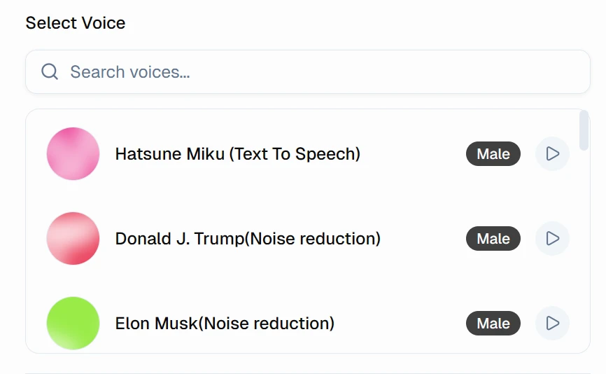 ShortsVid voice selector panel showing a search bar at the top and a scrollable list of voice options including Hatsune Miku Text To Speech, Donald J Trump with noise reduction, and Elon Musk with noise reduction, each tagged as Male or Female with a play preview button